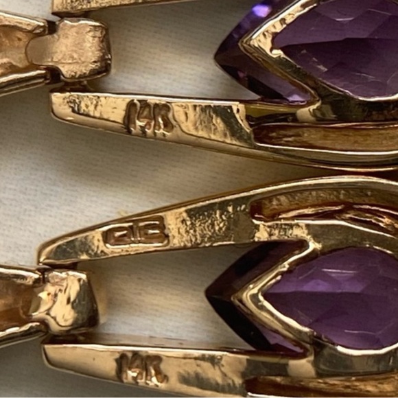 Beautiful Solid 14KG Teardrop Faceted  Amethyst Stone Dangle Earrings. Elegant! - Picture 8 of 8